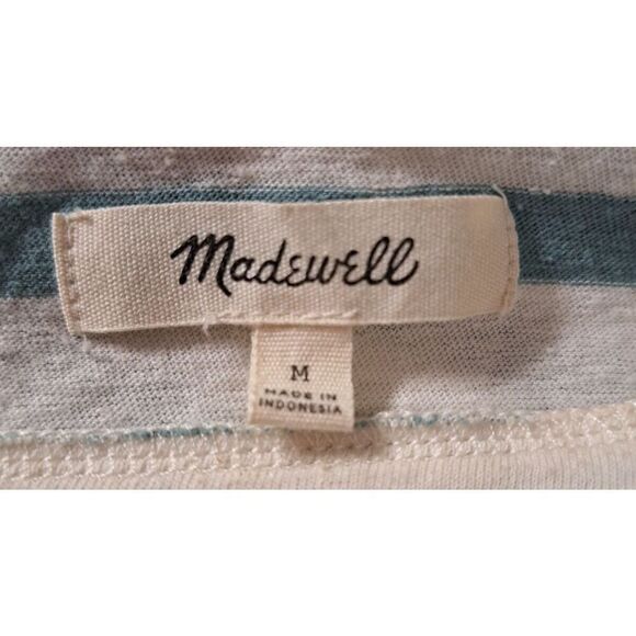 Madewell T-Shirt  Womens Size Medium White Green Striped 3/4‎ Knotted Sleeves - Picture 6 of 7